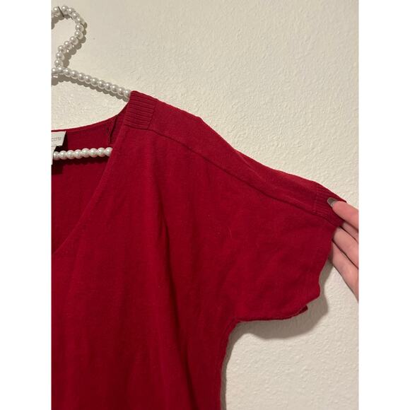 Chicos Size 1 US Medium Red Tunic Sweater Stretch Short Sleeve Silk V-Neck Top - Picture 5 of 16